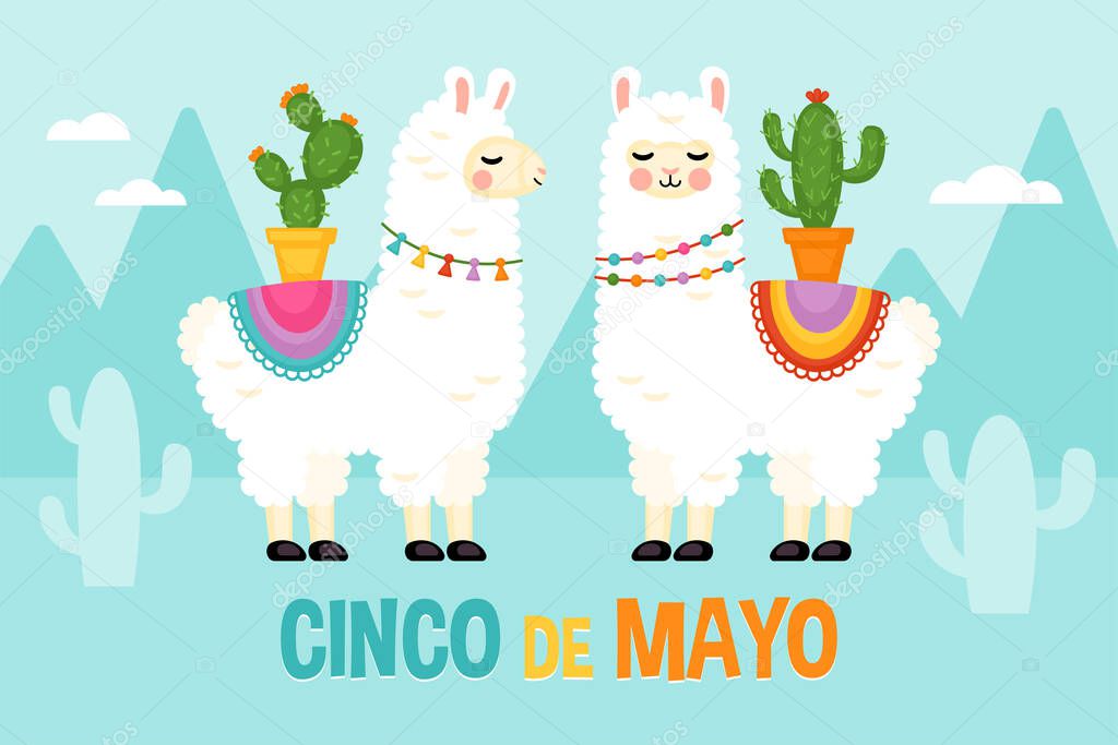 Cinco de Mayo Mexican Holiday greeting card design with cute llama animal character. Vector illustration