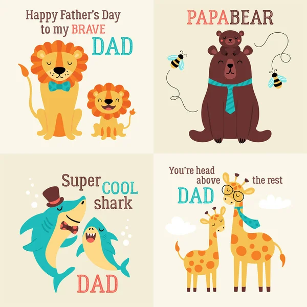 Father Day Greeting Card Set Cute Animals Childish Print Cards — Stock Vector