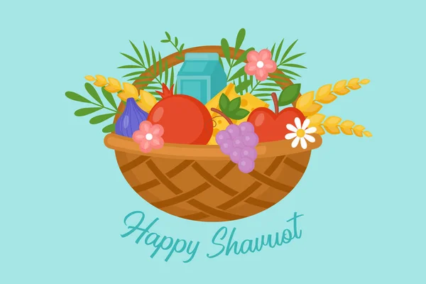 Joodse Vakantie Shavuot Wenskaart Met Fruitmand Tarwe Melk Vectorillustratie — Stockvector