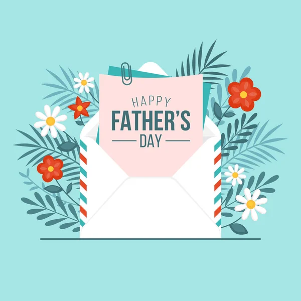 Happy Fathers Day Greeting Card Design Envelope Flowers Vector Illustration — Stock Vector