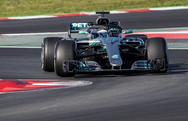 Barcelona, İspanya - 6 Mart 2018: Valteri Bottas formül bir Test gün Barselona Catalunya pistinde sırasında.
