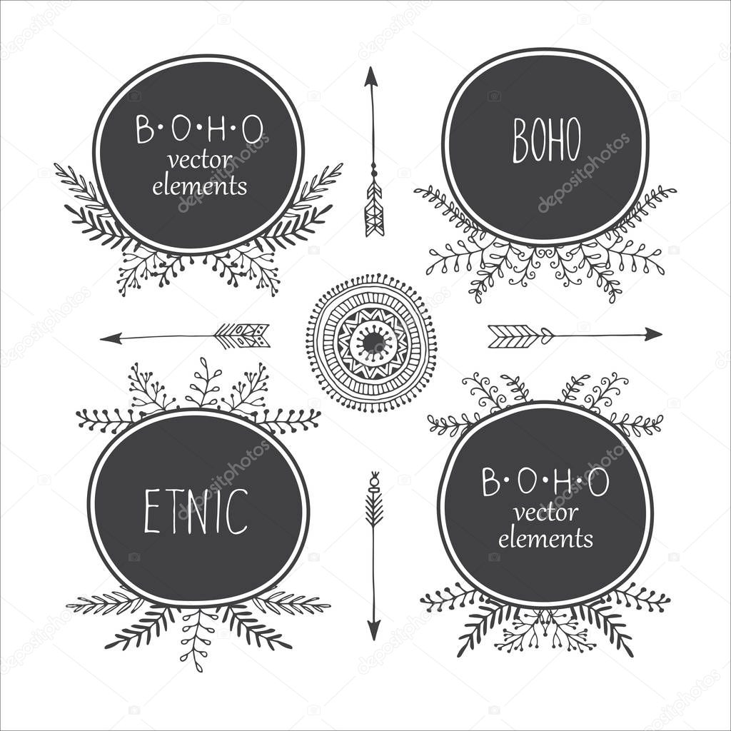 Set of creative Boho style Frames mady by Ethnic. Arrows and Floral Elements with space for your text on grey background.