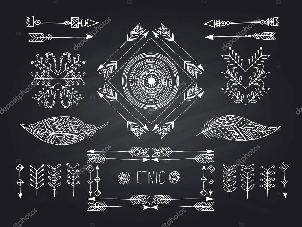 Set of creative Boho style Frames mady by Ethnic. Feathers, Arrows and Floral Elements with space for your text on background.