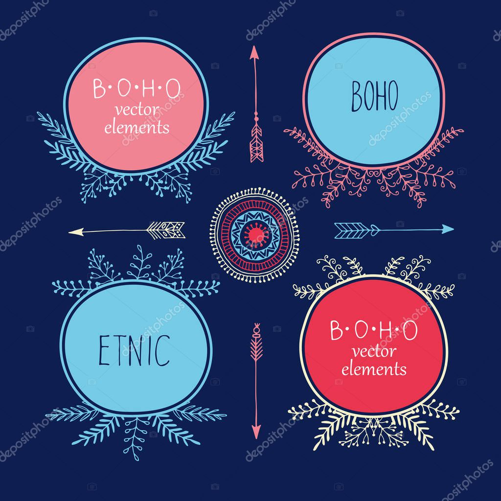 Set of creative Boho style Frames mady by Ethnic. Arrows and Floral Elements with space for your text on grey background.