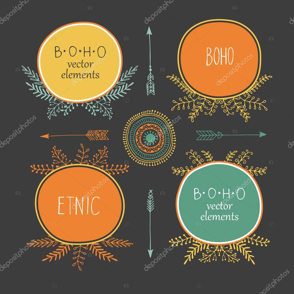 Set of creative Boho style Frames mady by Ethnic. Arrows and Floral Elements with space for your text on grey background.