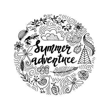 çizilmiş yaz temalı ifadeler ver. Modern tarzı yazı. Yaz macera.