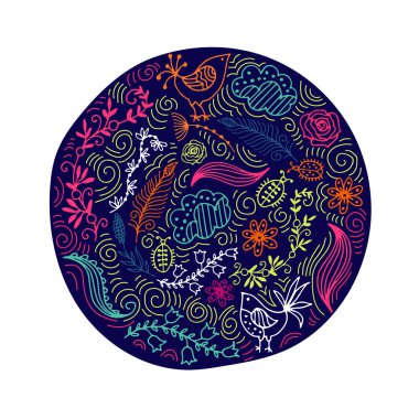 Bir yaz süsleme ile bir daire. Çiçek, böcek, Yusufçuk, bulut. Tasarımınız için öğe.