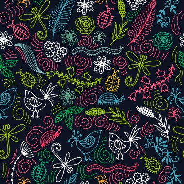 kuşlar, çiçekler, Yusufçuk ve böcekleri ile vektör seamless modeli.