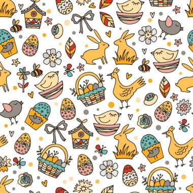 Çizilmiş Doodle Happy Easter illüstrasyon karikatür vektör ver. Seamless modeli.