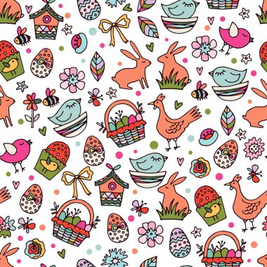 Çizilmiş Doodle Happy Easter illüstrasyon karikatür vektör ver. Seamless modeli.