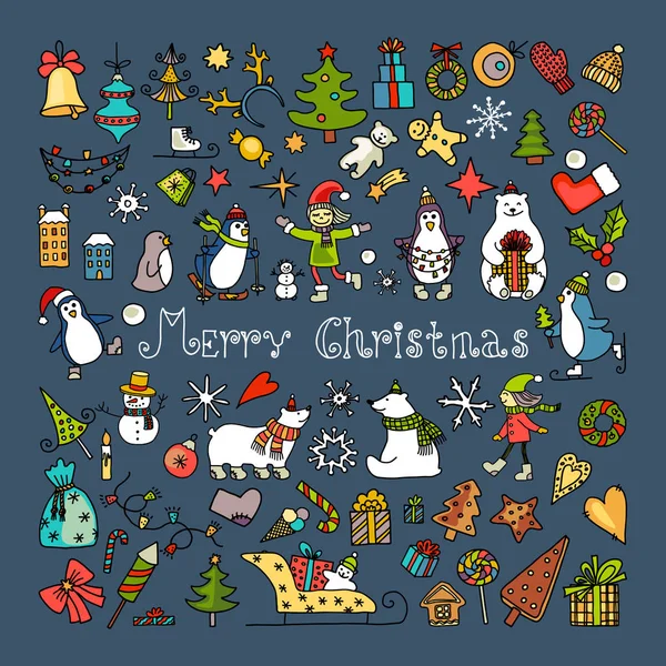 Reihe farbiger Kritzeleien froher Weihnachtssymbole — Stockvektor