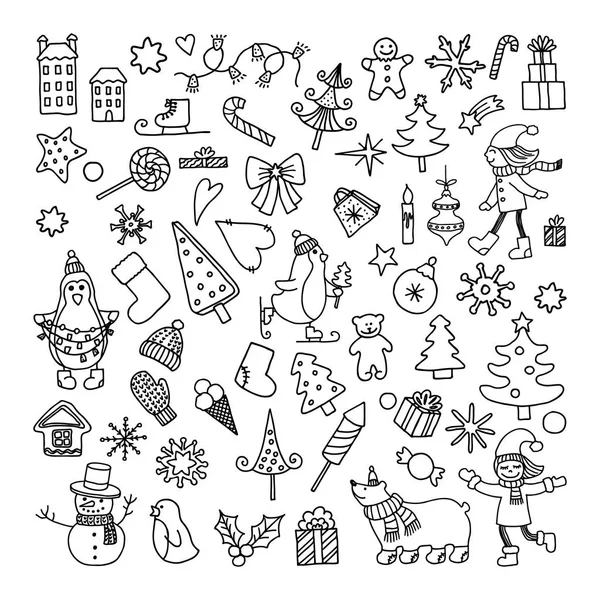Serie di oggetti del fumetto doodle e simboli su un tema di Capodanno — Vettoriale Stock