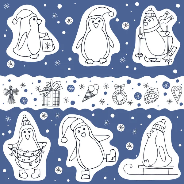 Ensemble vectoriel de pingouins et cadeaux de Noël icônes — Image vectorielle