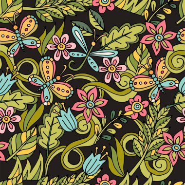 Yaz Dikişsiz desen. Yaprakları, kelebekler, Yusufçuk