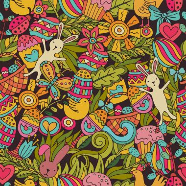 Çizilmiş Doodle Happy Easter illüstrasyon karikatür ver. Seamless modeli.