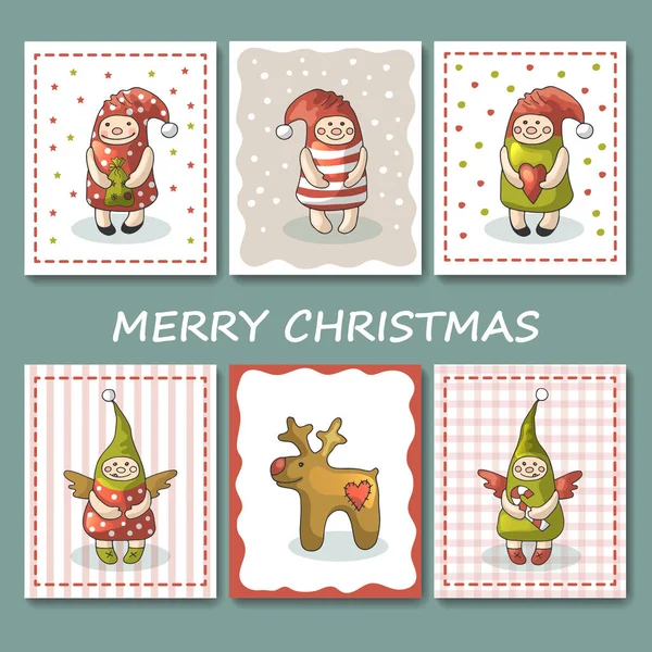 Un gran juego de tarjetas de Navidad con gnomos. Ilustración vectorial — Vector de stock