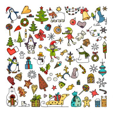 Renkli karalamalar neşeli Noel simgeler kümesi