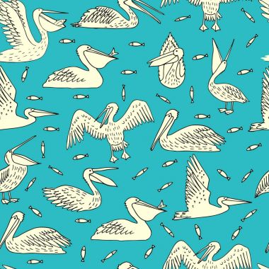 Kuşlar Pelikan ve balık arka plan