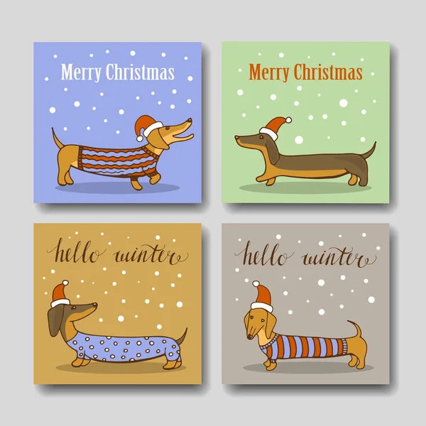 Christmas greeting cards with funny dachshund — Stock Photo, Image