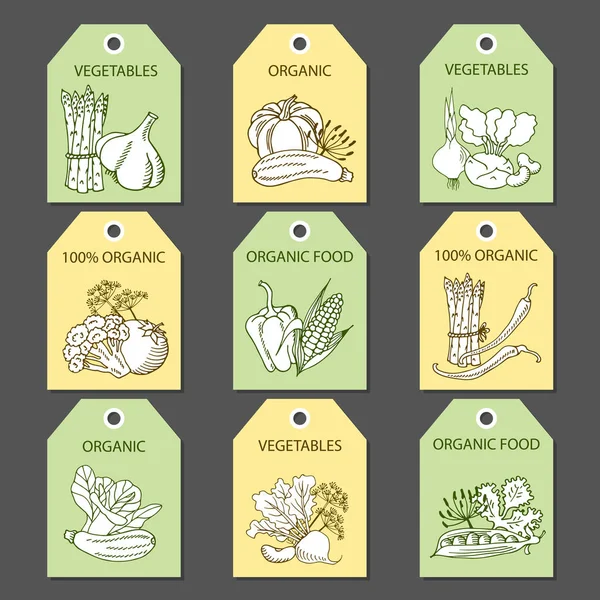 Etykiety z różnych warzyw i napisy. — Zdjęcie stockowe