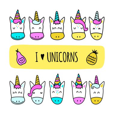 Beyaz arka plan üzerinde izole renkli tek boynuzlu at simgeler kümesi