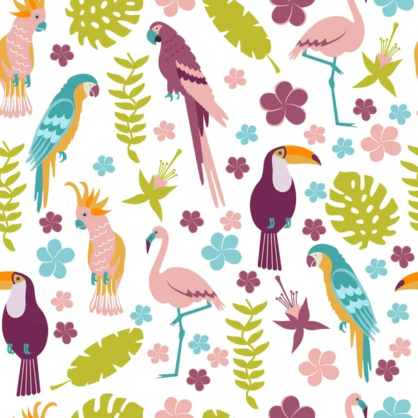 Ensemble de fleurs tropicales de feuilles et d'oiseaux — Image vectorielle
