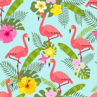 tropikal çiçek yaprakları ve kuşlar kümesi