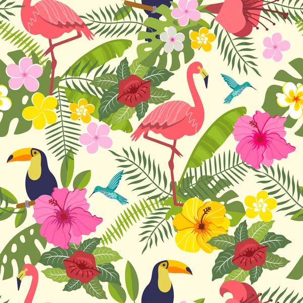 Set of tropical flowers of leaves and birds — Stock Vector