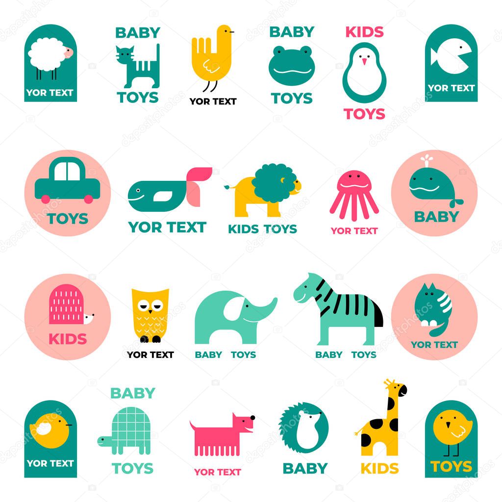 Vector set of stylized characters and symbols. whale, bear, hedgehog, giraffe kids. It can be used as a logo for children s products and services. As a poster, postcard invitation.