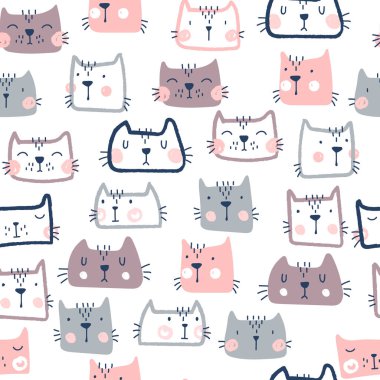 Şirin kedilerle kusursuz çocuksu bir düzen. El Çizimi Vektör İllüstrasyonu