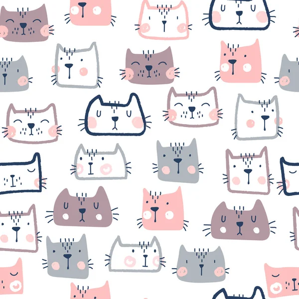 Seamless childish pattern with cute cats. Hand Drawn Vector Illustration — 스톡 벡터