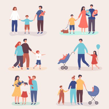 Gezgin ebeveynler ve çocuklar. Yürüyen aileler.