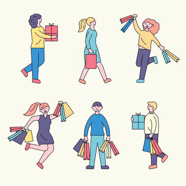 Sammlung von Menschen, die Einkaufstüten mit Einkäufen tragen. — Stockvektor