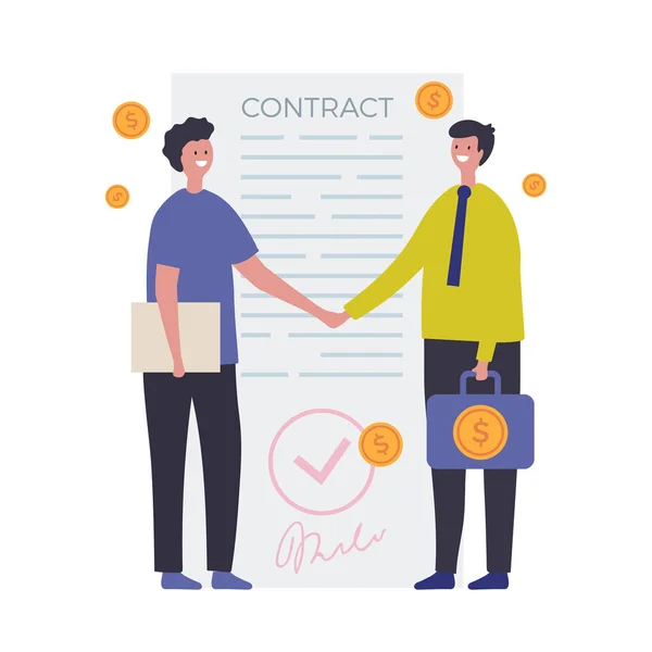 Zakenmensen tekenen een contract. Karakters maken een deal overeenkomst, schudden hand. — Stockvector