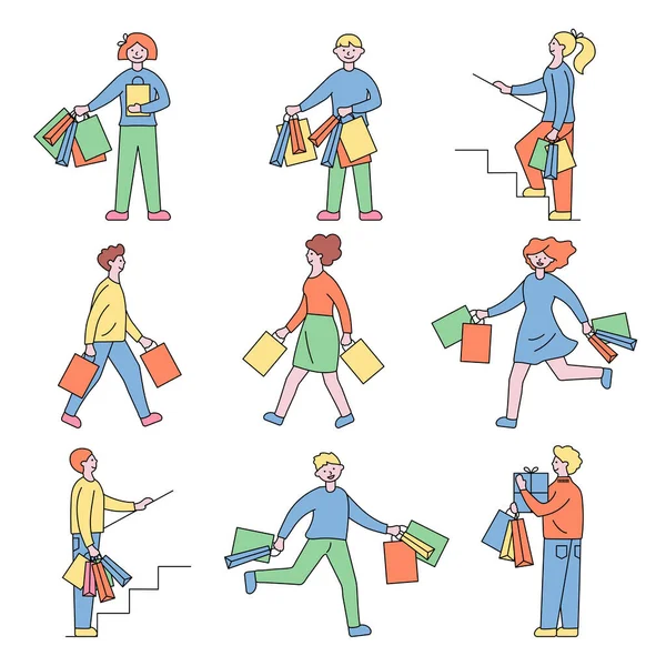 Sammlung von Menschen, die Einkaufstüten mit Einkäufen tragen. — Stockvektor