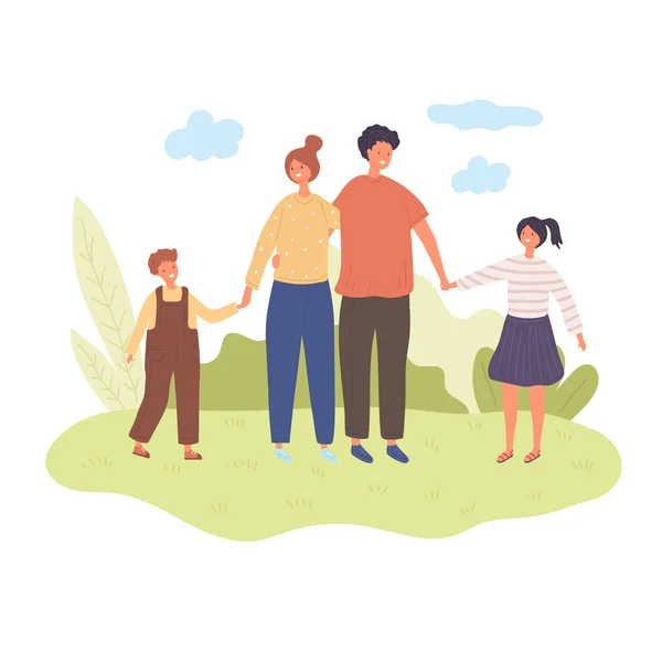 Divertida familia caminando por el parque. Descanso en la naturaleza . — Vector de stock