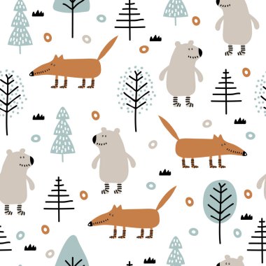 Ayıyla kusursuz çocuksu desen, ormandaki tilki