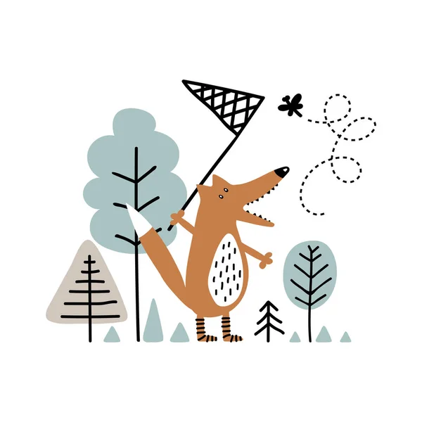 Leuke vos in het bos die vlinder vangt — Stockvector