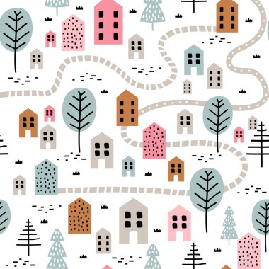 Elle çizilmiş evler ve elementlerle kusursuz desen