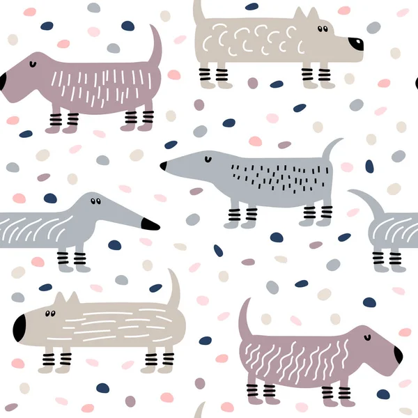 Seamless pattern with dogs and hand drawn elements — 스톡 벡터