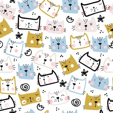 Seamless childish pattern with cute funny cats
