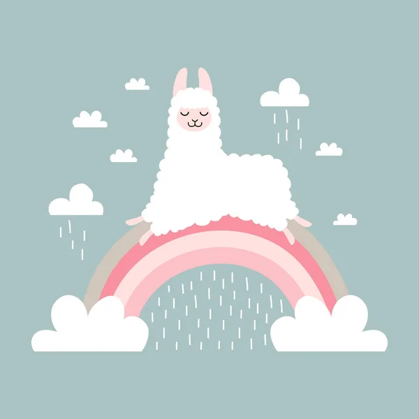 Leuke tekenfilm lama op de regenboog met wolken — Stockvector