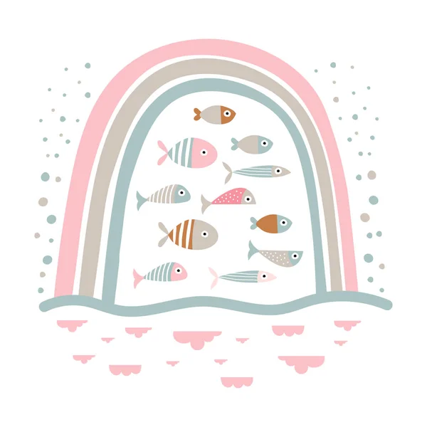 Lindos peces de dibujos animados y arco iris bajo impresión de agua — Vector de stock