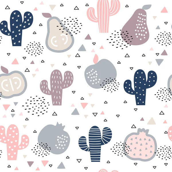 Motif sans couture avec cactus et fruits sur fond blanc — Image vectorielle
