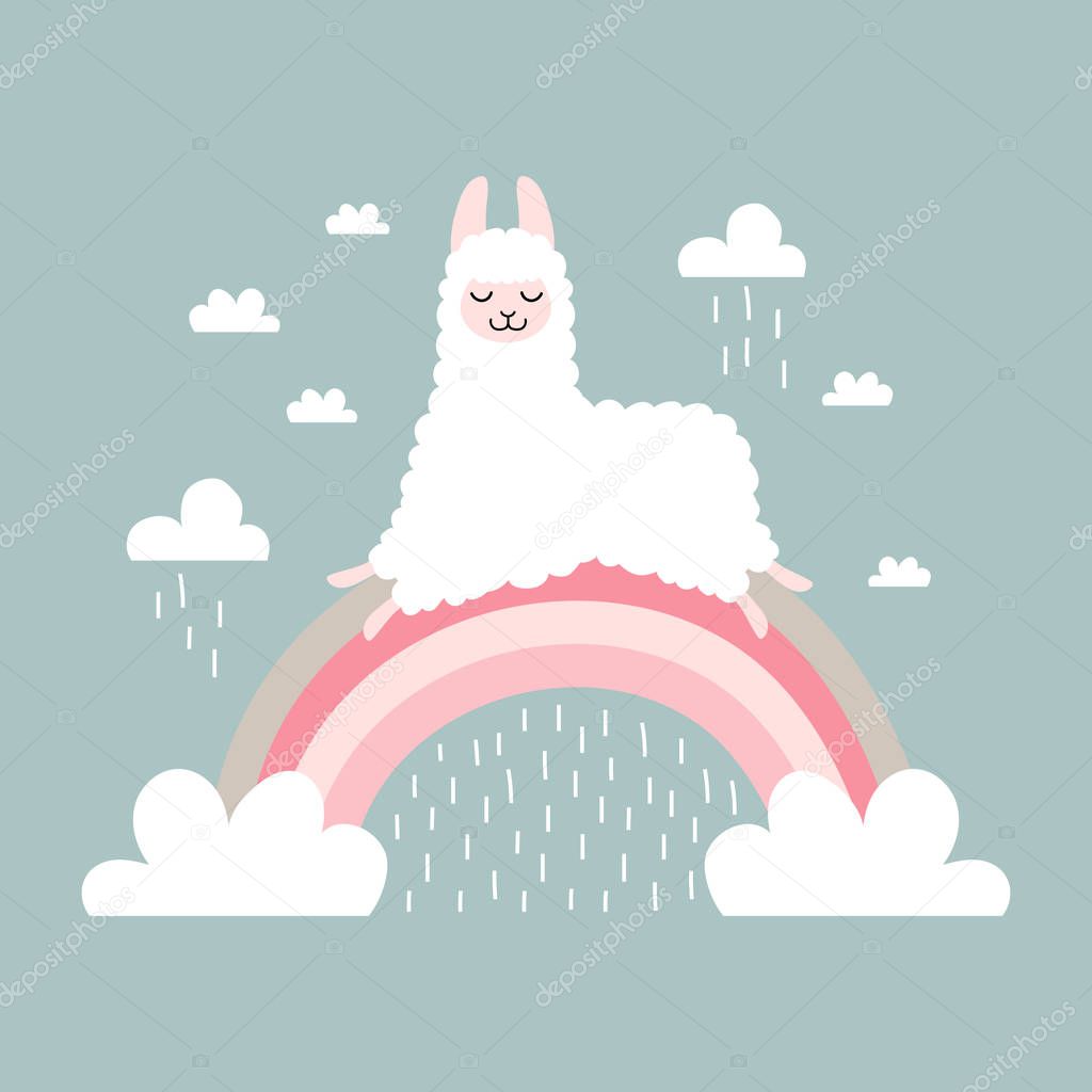 Cute cartoon llama on the rainbow with clouds