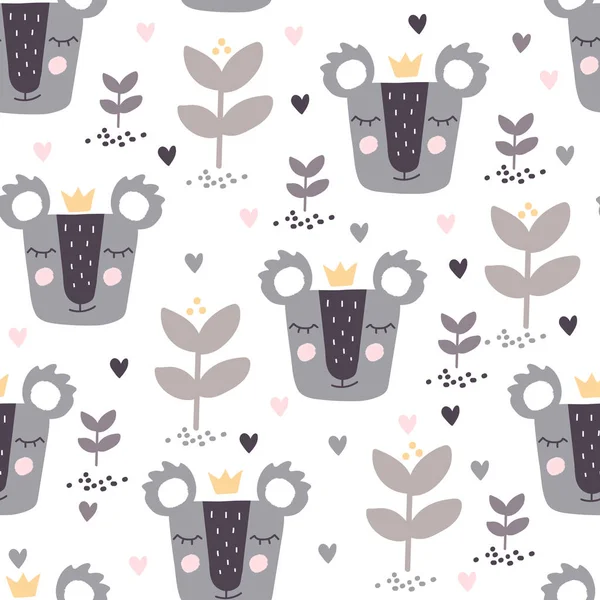 Seamless pattern with cute koala princess baby print — Stock Vector