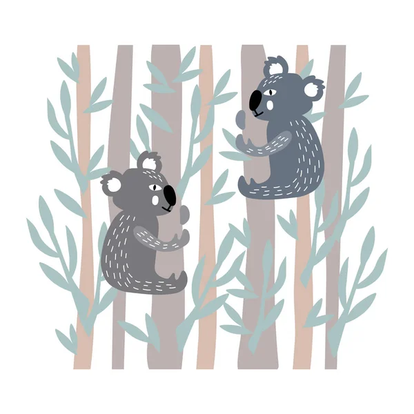 Cute cartoon koalas in a eucalyptus print grove — ストックベクタ