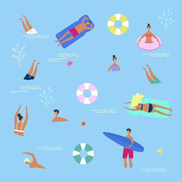 People swim in the sea seamless pattern. — 스톡 벡터