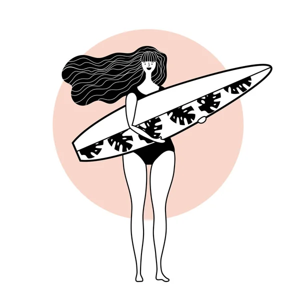 Girl stands with surf on a white background — Stock Vector
