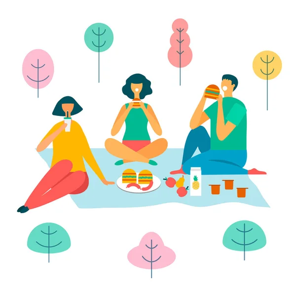 Familia en un picnic en el bosque vector ilustración — Vector de stock